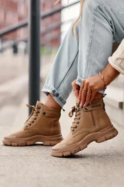 Boto Botki Ocieplane|Damskie Trapery*Ocieplane Zamszowe Damskie Botki Trapery Beżowe Jailina Beżowy