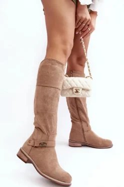 Damskie Damskie buty S.Barski Ocieplane Zamszowe Kozaki Na Płaskim Obcasie S.Barski HY07-31 Beżowe