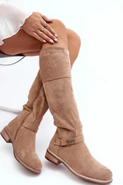 Damskie Damskie buty S.Barski Ocieplane Zamszowe Kozaki Na Płaskim Obcasie S.Barski HY07-31 Beżowe