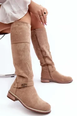 Damskie Damskie buty S.Barski Ocieplane Zamszowe Kozaki Na Płaskim Obcasie S.Barski HY07-31 Beżowe