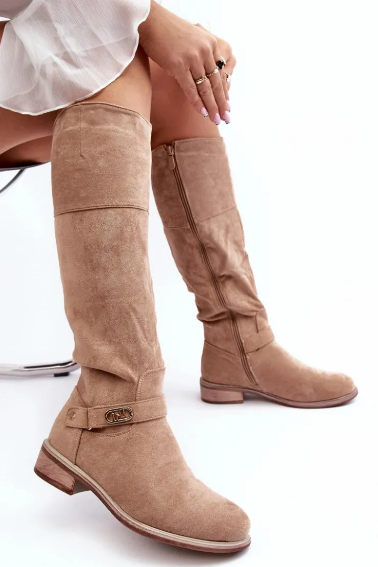 Damskie Damskie buty S.Barski Ocieplane Zamszowe Kozaki Na Płaskim Obcasie S.Barski HY07-31 Beżowe