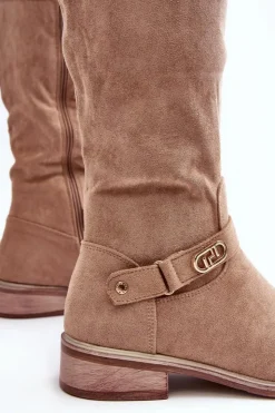 Damskie Damskie buty S.Barski Ocieplane Zamszowe Kozaki Na Płaskim Obcasie S.Barski HY07-31 Beżowe