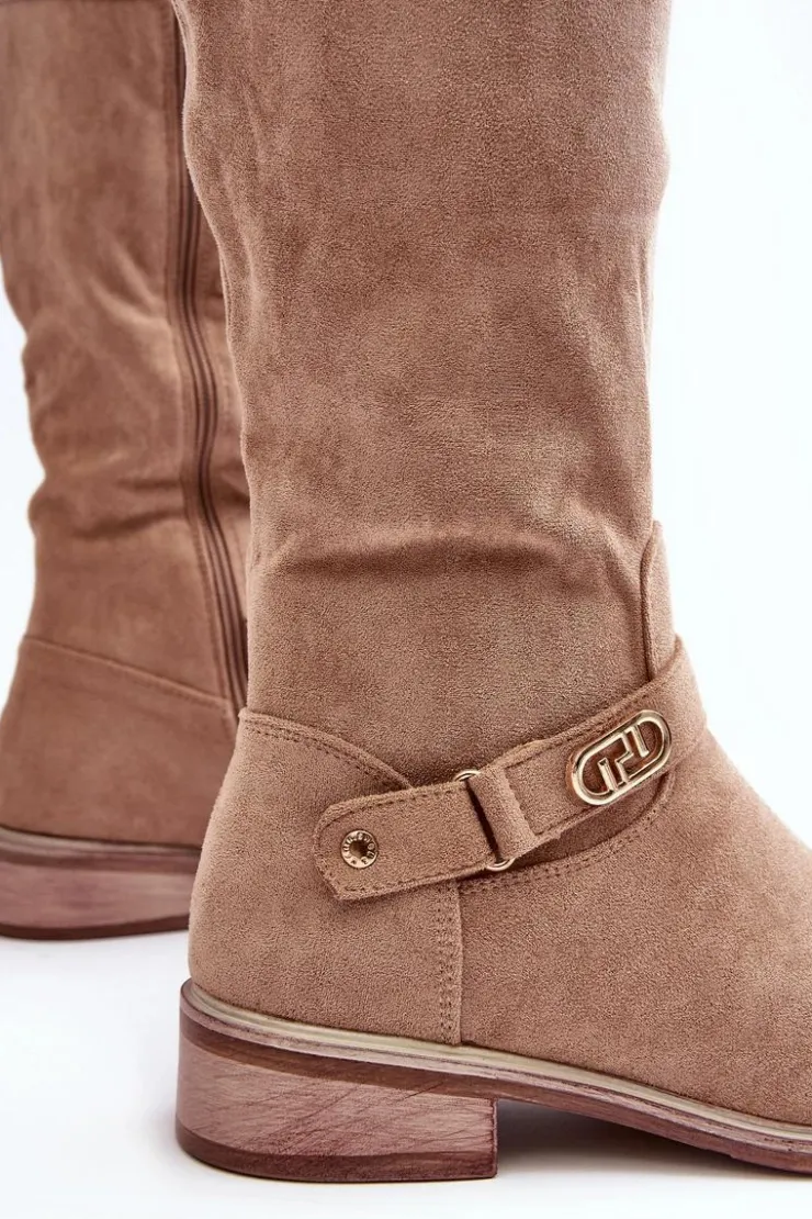 Damskie Damskie buty S.Barski Ocieplane Zamszowe Kozaki Na Płaskim Obcasie S.Barski HY07-31 Beżowe