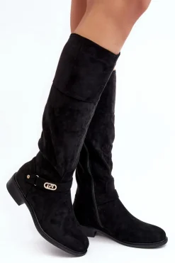 Clearance Damskie buty S.Barski Ocieplane Zamszowe Kozaki Na Płaskim Obcasie S.Barski HY07-31 Czarne