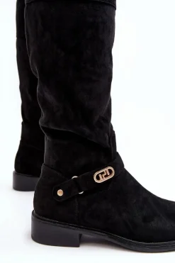 Clearance Damskie buty S.Barski Ocieplane Zamszowe Kozaki Na Płaskim Obcasie S.Barski HY07-31 Czarne