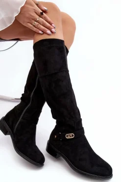 Clearance Damskie buty S.Barski Ocieplane Zamszowe Kozaki Na Płaskim Obcasie S.Barski HY07-31 Czarne