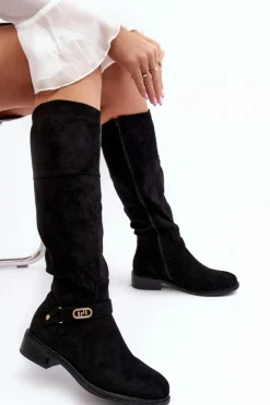 Clearance Damskie buty S.Barski Ocieplane Zamszowe Kozaki Na Płaskim Obcasie S.Barski HY07-31 Czarne