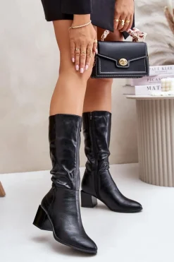 Boto Kozaki Ocieplane|Kozaki Na Słupku*Ocieplnae Kozaki Na Słupku Eko Skórzane Do Połowy Łydki Czarne Ellithira Czarny