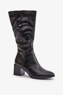 Boto Kozaki Ocieplane|Kozaki Na Słupku*Ocieplnae Kozaki Na Słupku Eko Skórzane Do Połowy Łydki Czarne Ellithira Czarny