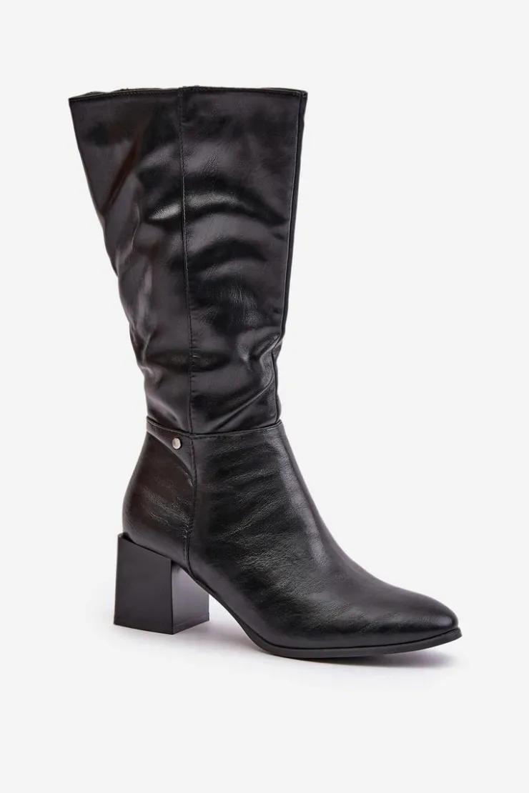 Boto Kozaki Ocieplane|Kozaki Na Słupku*Ocieplnae Kozaki Na Słupku Eko Skórzane Do Połowy Łydki Czarne Ellithira Czarny