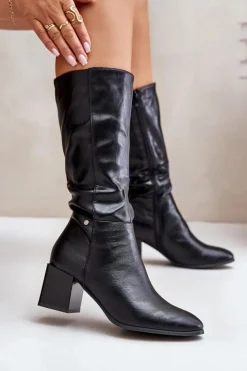 Boto Kozaki Ocieplane|Kozaki Na Słupku*Ocieplnae Kozaki Na Słupku Eko Skórzane Do Połowy Łydki Czarne Ellithira Czarny