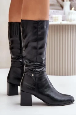 Boto Kozaki Ocieplane|Kozaki Na Słupku*Ocieplnae Kozaki Na Słupku Eko Skórzane Do Połowy Łydki Czarne Ellithira Czarny