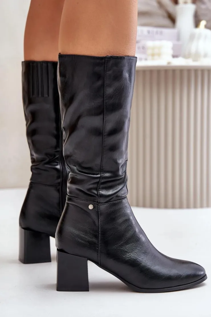 Boto Kozaki Ocieplane|Kozaki Na Słupku*Ocieplnae Kozaki Na Słupku Eko Skórzane Do Połowy Łydki Czarne Ellithira Czarny