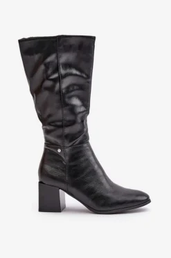 Boto Kozaki Ocieplane|Kozaki Na Słupku*Ocieplnae Kozaki Na Słupku Eko Skórzane Do Połowy Łydki Czarne Ellithira Czarny