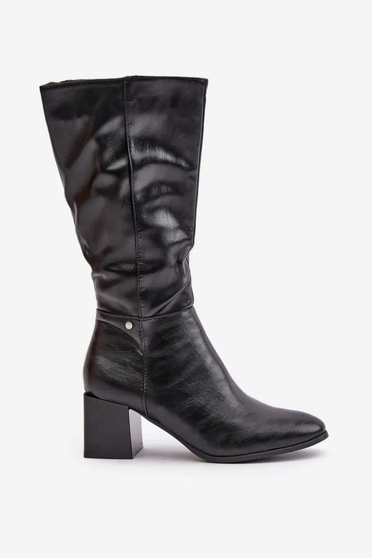 Boto Kozaki Ocieplane|Kozaki Na Słupku*Ocieplnae Kozaki Na Słupku Eko Skórzane Do Połowy Łydki Czarne Ellithira Czarny