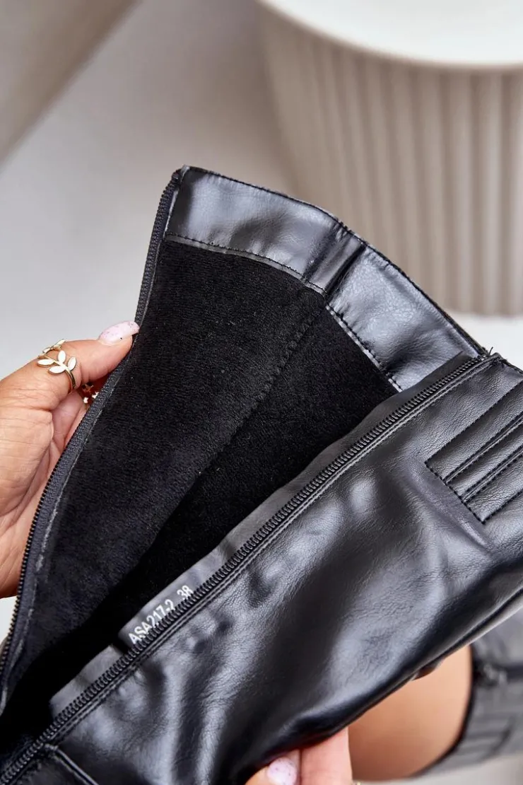 Boto Kozaki Ocieplane|Kozaki Na Słupku*Ocieplnae Kozaki Na Słupku Eko Skórzane Do Połowy Łydki Czarne Ellithira Czarny