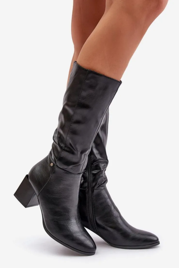 Boto Kozaki Ocieplane|Kozaki Na Słupku*Ocieplnae Kozaki Na Słupku Eko Skórzane Do Połowy Łydki Czarne Ellithira Czarny