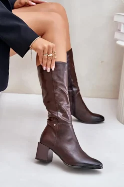 Best Boto Ocieplnae Kozaki Na Słupku Eko Skórzane Do Połowy Łydki Brązowe Ellithira Brązowy