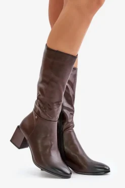 Best Boto Ocieplnae Kozaki Na Słupku Eko Skórzane Do Połowy Łydki Brązowe Ellithira Brązowy