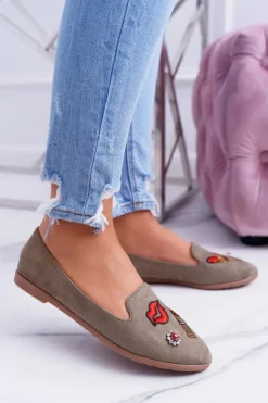 Boto Baleriny Klasyczne*Oliwkowe Damskie Baleriny Naszywki Lipstick