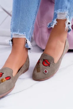 Boto Baleriny Klasyczne*Oliwkowe Damskie Baleriny Naszywki Lipstick