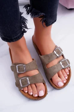 Damskie Boto Oliwkowe Zamszowe Korkowe Damskie Klapki Klamry Beatris