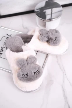 Boto Kapcie Klasyczne|Kalosze Damskie*Papcie Damskie Futrzane Biało Szare Rabbit