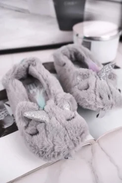 Damskie Boto Papcie Damskie Futrzane Jednorożce Szare Rainbow