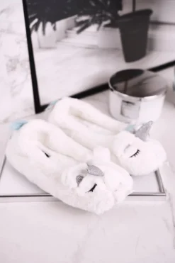 Boto Kapcie Klasyczne*Papcie Damskie Futrzane Jednorożce Białe Rainbow