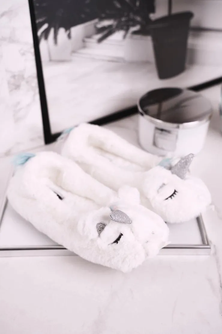 Boto Kapcie Klasyczne*Papcie Damskie Futrzane Jednorożce Białe Rainbow