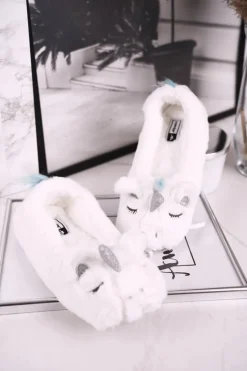 Boto Kapcie Klasyczne*Papcie Damskie Futrzane Jednorożce Białe Rainbow