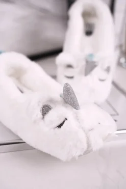 Boto Kapcie Klasyczne*Papcie Damskie Futrzane Jednorożce Białe Rainbow