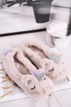 Sale Boto Papcie Damskie Futrzane Jednorożce Beżowe Rainbow