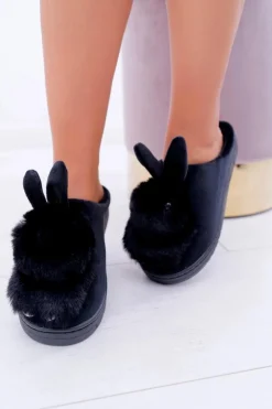 Boto Kapcie Klasyczne*Papcie Damskie Klasyczne Z Królikiem Czarne Howi
