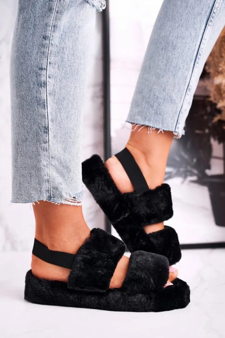 Damskie Boto Papcie Damskie na Platformie Futrzane Czarne Cotton Candy