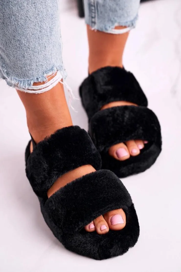 Damskie Boto Papcie Damskie na Platformie Futrzane Czarne Cotton Candy