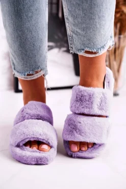 Damskie Boto Papcie Damskie na Platformie Futrzane Fioletowe Cotton Candy
