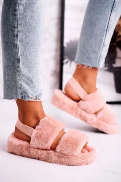 Boto Kapcie Klasyczne*Papcie Damskie na Platformie Futrzane Pomarańczowe Cotton Candy