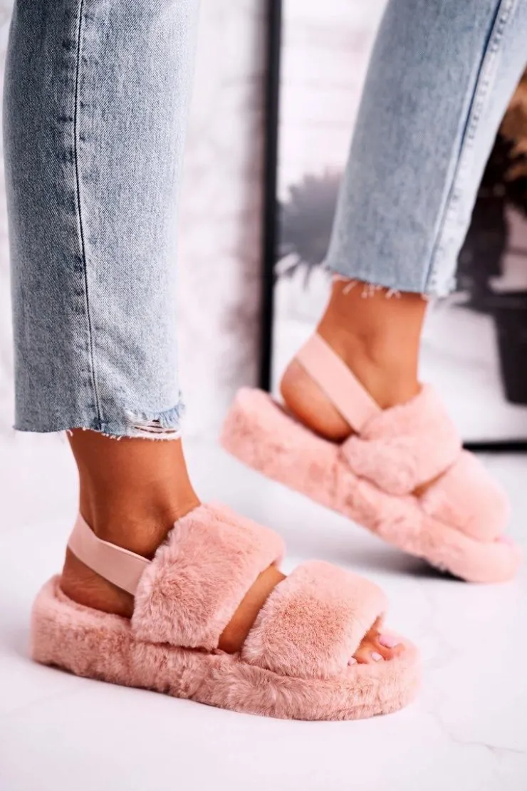 Boto Kapcie Klasyczne*Papcie Damskie na Platformie Futrzane Pomarańczowe Cotton Candy