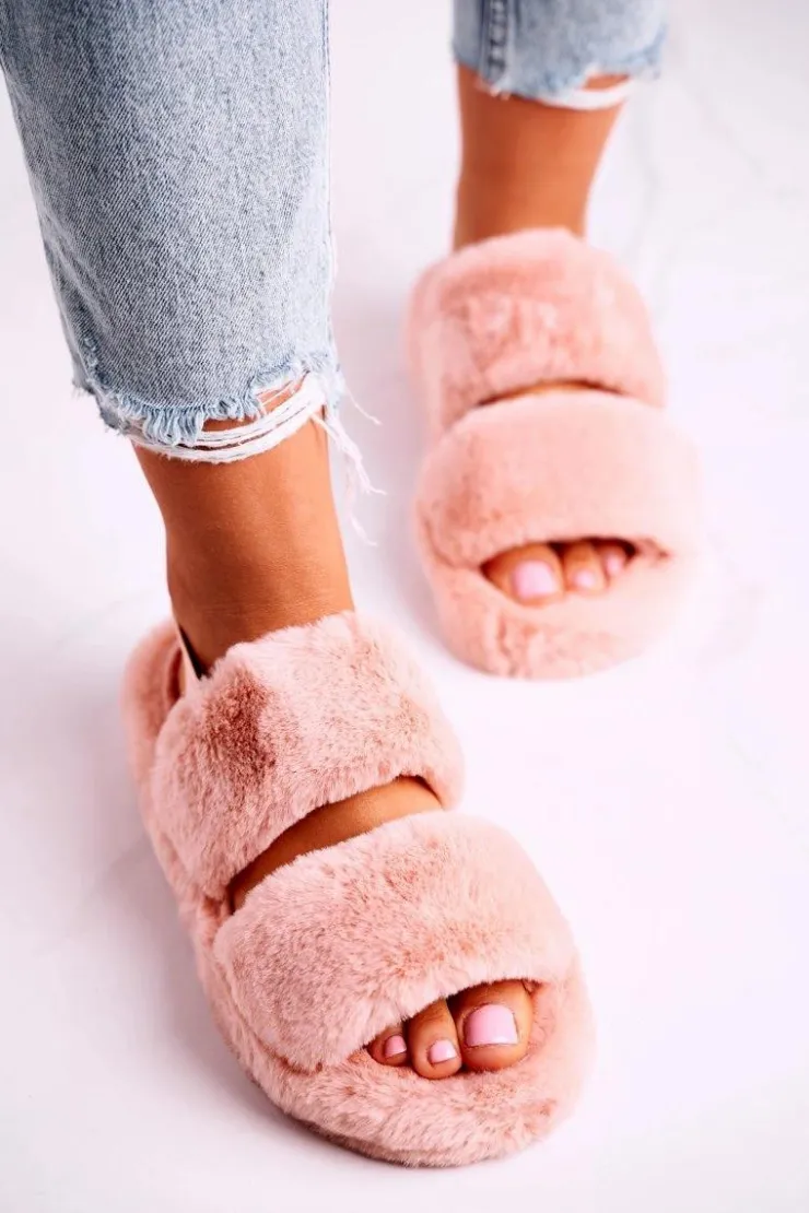 Boto Kapcie Klasyczne*Papcie Damskie na Platformie Futrzane Pomarańczowe Cotton Candy