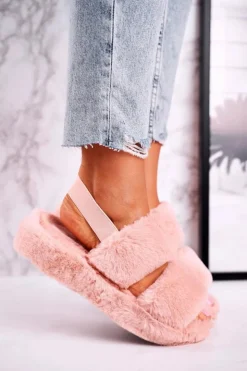 Boto Kapcie Klasyczne*Papcie Damskie na Platformie Futrzane Pomarańczowe Cotton Candy