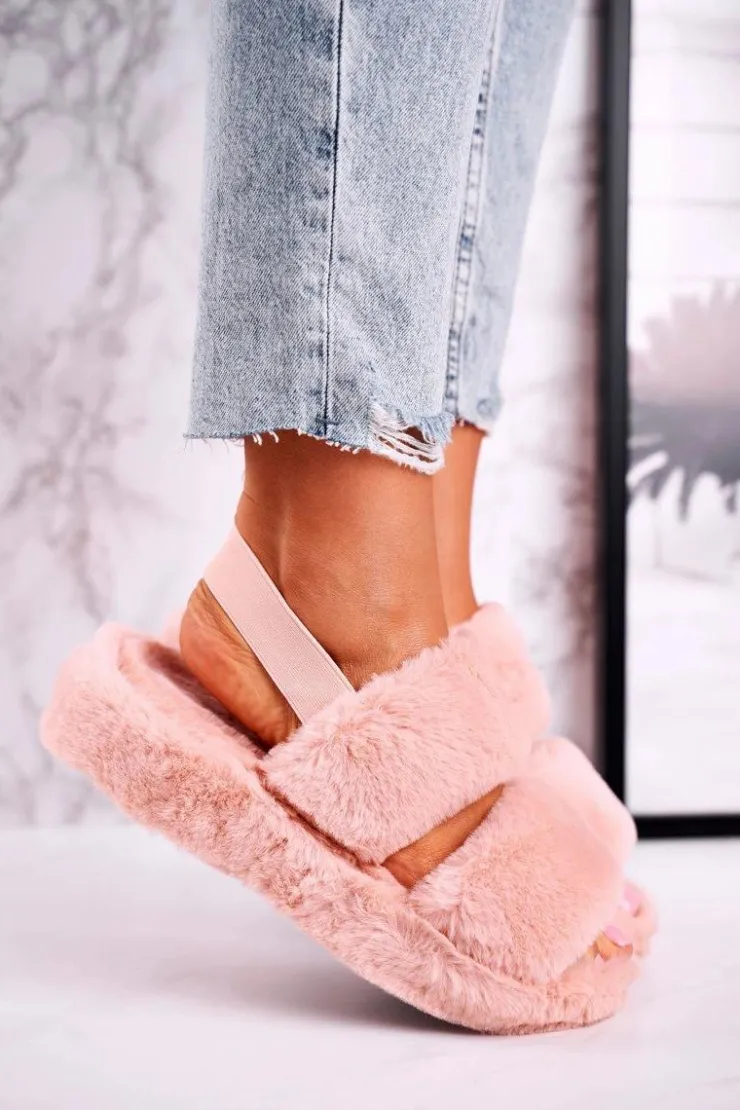 Boto Kapcie Klasyczne*Papcie Damskie na Platformie Futrzane Pomarańczowe Cotton Candy