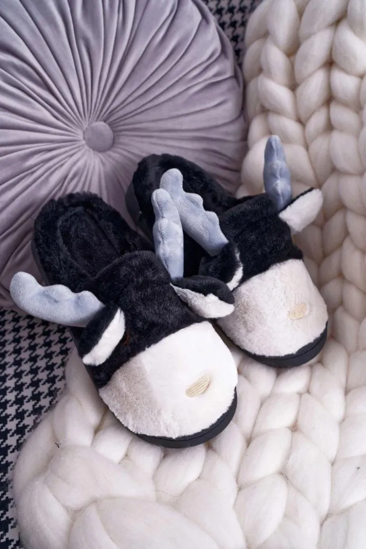 Damskie Boto Papcie Damskie Z Futerkiem Renifery Czarne Deff