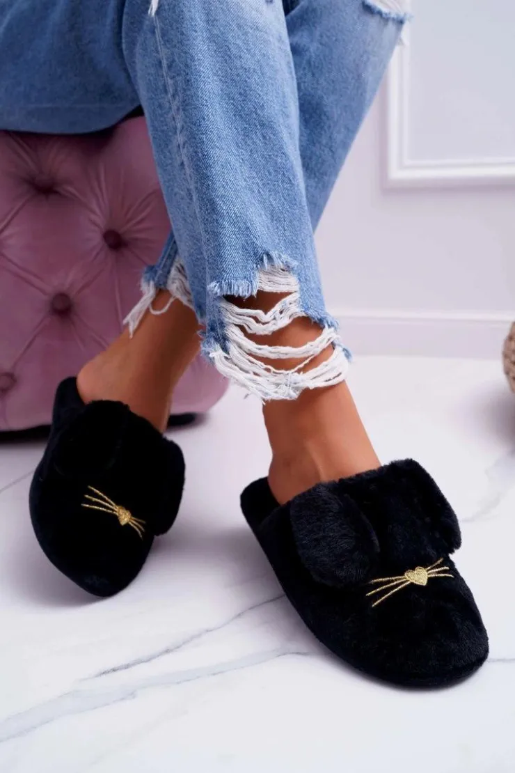 Boto Kapcie Klasyczne*Papcie Damskie Z Futerkiem I Uszkami Czarne Semmi