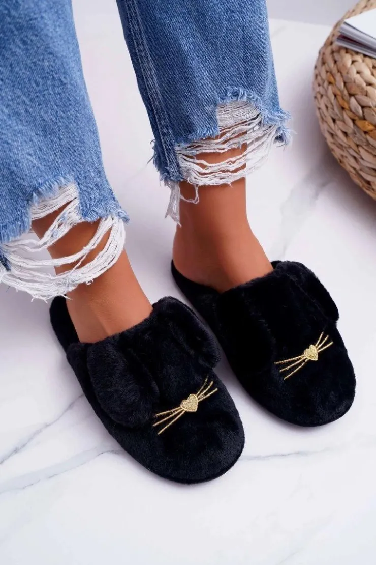 Boto Kapcie Klasyczne*Papcie Damskie Z Futerkiem I Uszkami Czarne Semmi