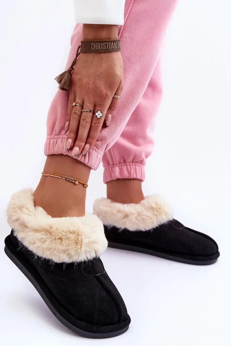 Boto Kapcie Klasyczne*Papcie Damskie Z Futerkiem Czarne Lanoze Czarny