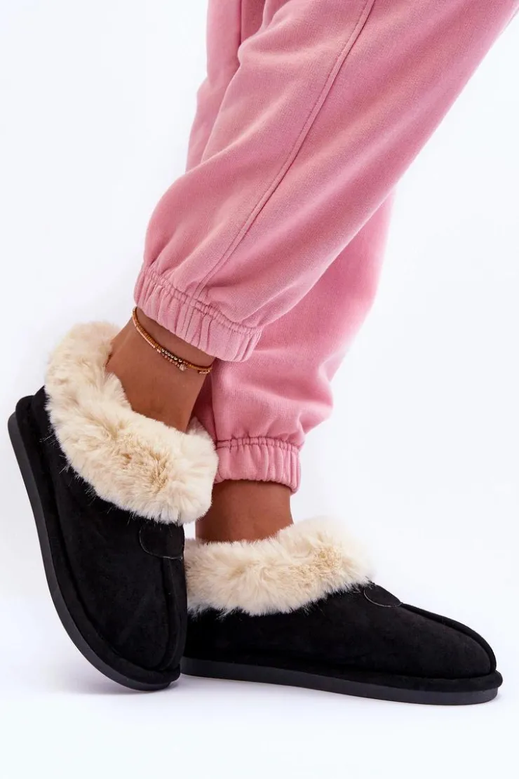 Boto Kapcie Klasyczne*Papcie Damskie Z Futerkiem Czarne Lanoze Czarny