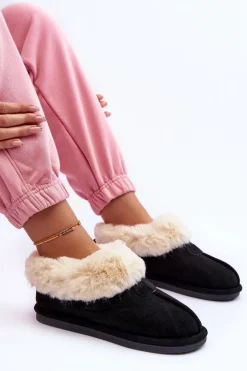 Boto Kapcie Klasyczne*Papcie Damskie Z Futerkiem Czarne Lanoze Czarny
