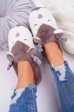 Damskie Boto Papcie Damskie Z Futerkiem Renifery Brązowe Reindeer