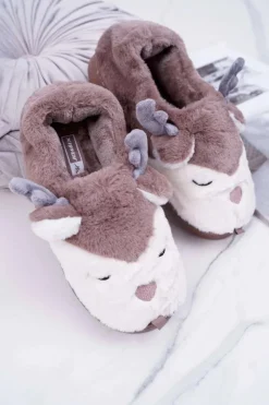 Damskie Boto Papcie Damskie Z Futerkiem Renifery Brązowe Reindeer